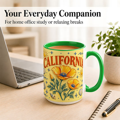 #pl[15oz|Green] California Poppy Coffee Mug, Sunny Coastal Mug, Ceramic Cup