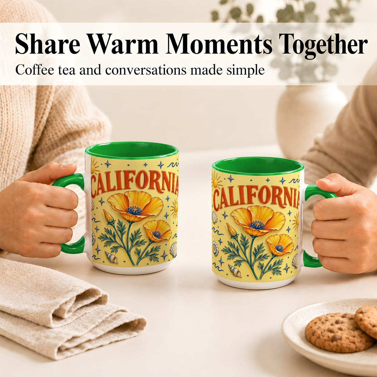 #pl[15oz|Green] California Poppy Coffee Mug, Sunny Coastal Mug, Ceramic Cup