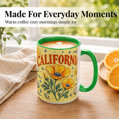 #pl[15oz|Green] California Poppy Coffee Mug, Sunny Coastal Mug, Ceramic Cup