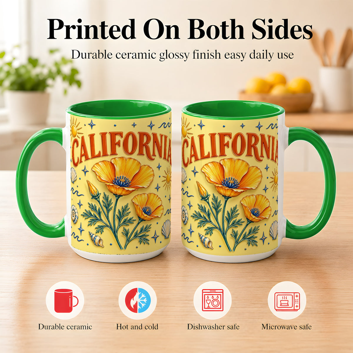#pl[15oz|Green] California Poppy Coffee Mug, Sunny Coastal Mug, Ceramic Cup