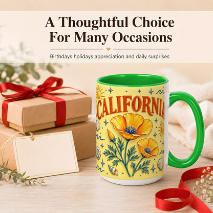 #pl[15oz|Green] California Poppy Coffee Mug, Sunny Coastal Mug, Ceramic Cup