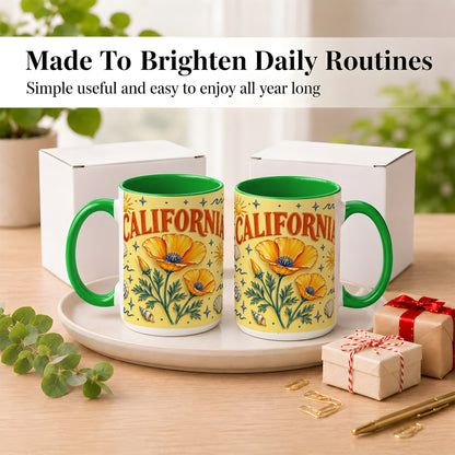 #pl[15oz|Green] California Poppy Coffee Mug, Sunny Coastal Mug, Ceramic Cup