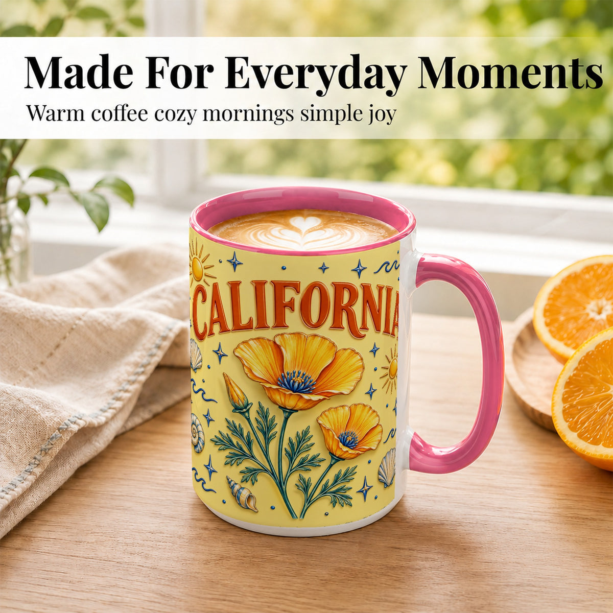 #pl[15oz|Pink] California Poppy Coffee Mug, Sunny Coastal Mug, Ceramic Cup