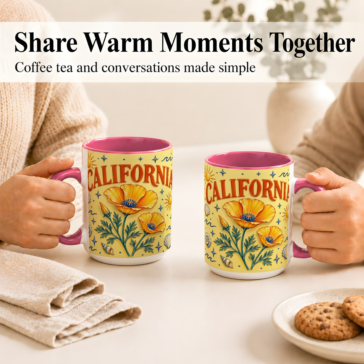 #pl[15oz|Pink] California Poppy Coffee Mug, Sunny Coastal Mug, Ceramic Cup