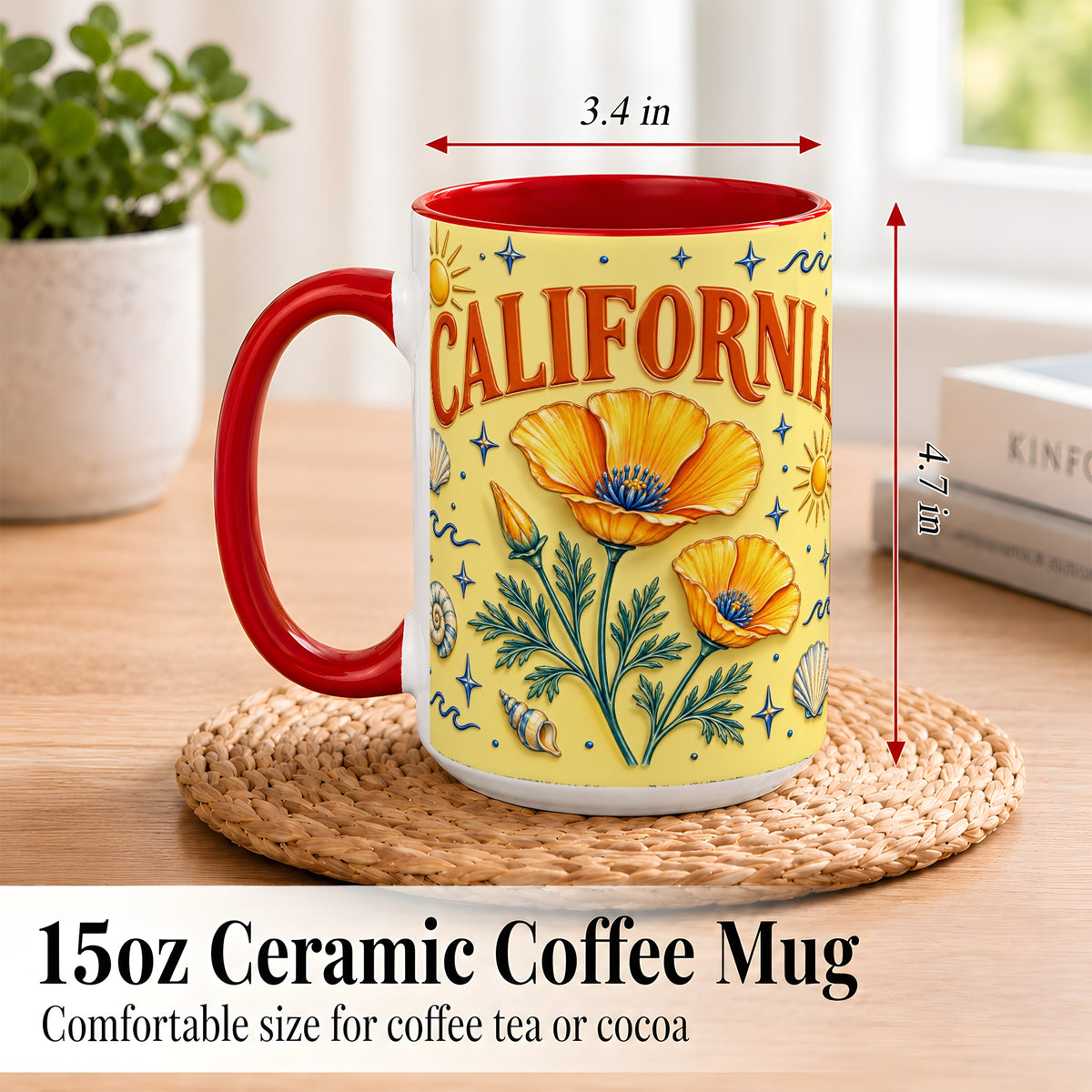 #pl[15oz|Red] California Poppy Coffee Mug, Sunny Coastal Mug, Ceramic Cup