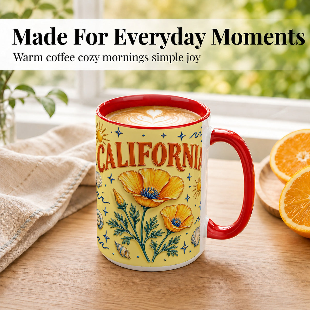 #pl[15oz|Red] California Poppy Coffee Mug, Sunny Coastal Mug, Ceramic Cup