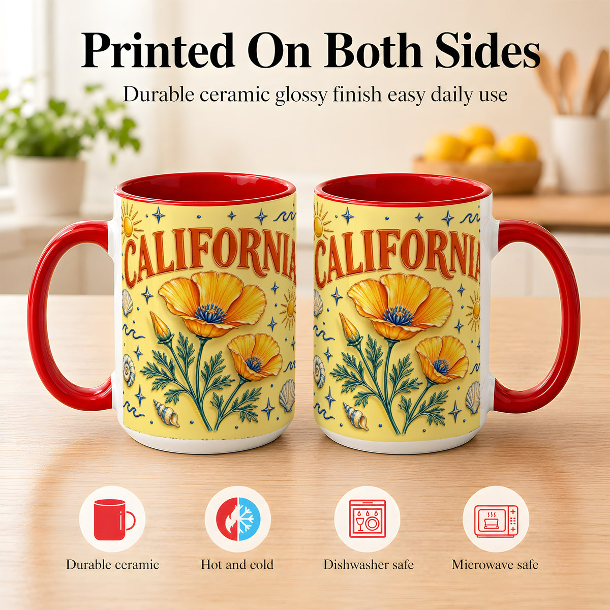 #pl[15oz|Red] California Poppy Coffee Mug, Sunny Coastal Mug, Ceramic Cup