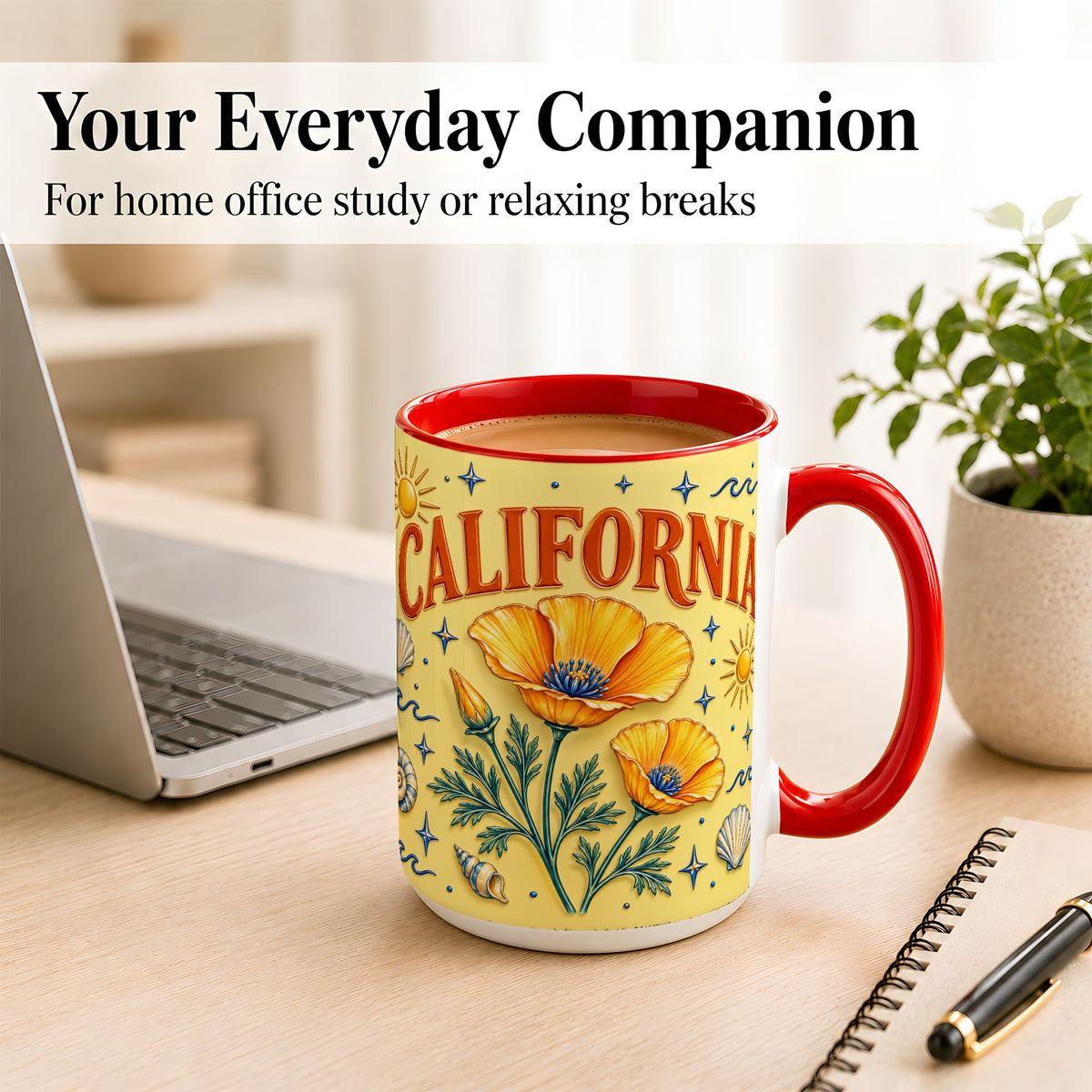 #pl[15oz|Red] California Poppy Coffee Mug, Sunny Coastal Mug, Ceramic Cup