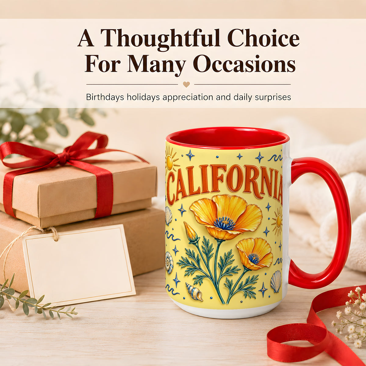 #pl[15oz|Red] California Poppy Coffee Mug, Sunny Coastal Mug, Ceramic Cup