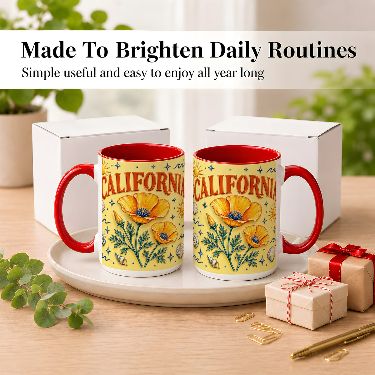 #pl[15oz|Red] California Poppy Coffee Mug, Sunny Coastal Mug, Ceramic Cup