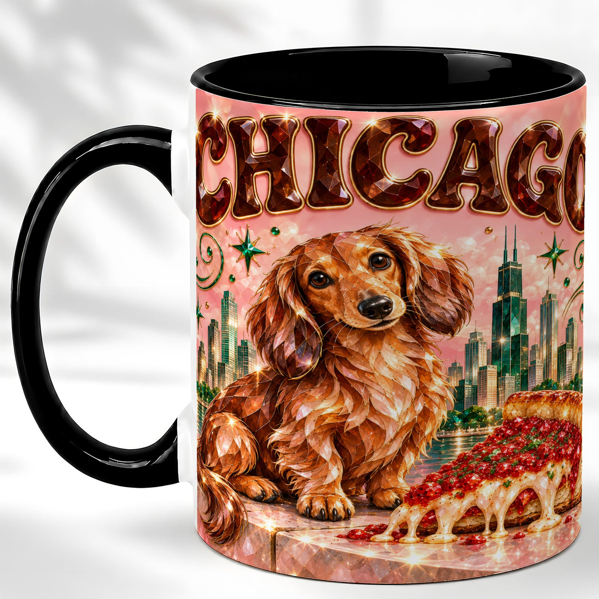 #pl[11oz|Black] Chicago Dachshund Pizza Coffee Mug, City Dog Mug, Ceramic Cup
