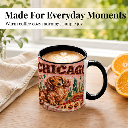 #pl[11oz|Black] Chicago Dachshund Pizza Coffee Mug, City Dog Mug, Ceramic Cup
