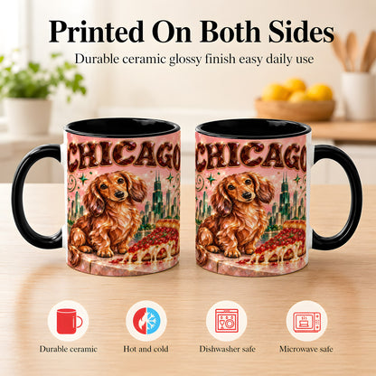 #pl[11oz|Black] Chicago Dachshund Pizza Coffee Mug, City Dog Mug, Ceramic Cup