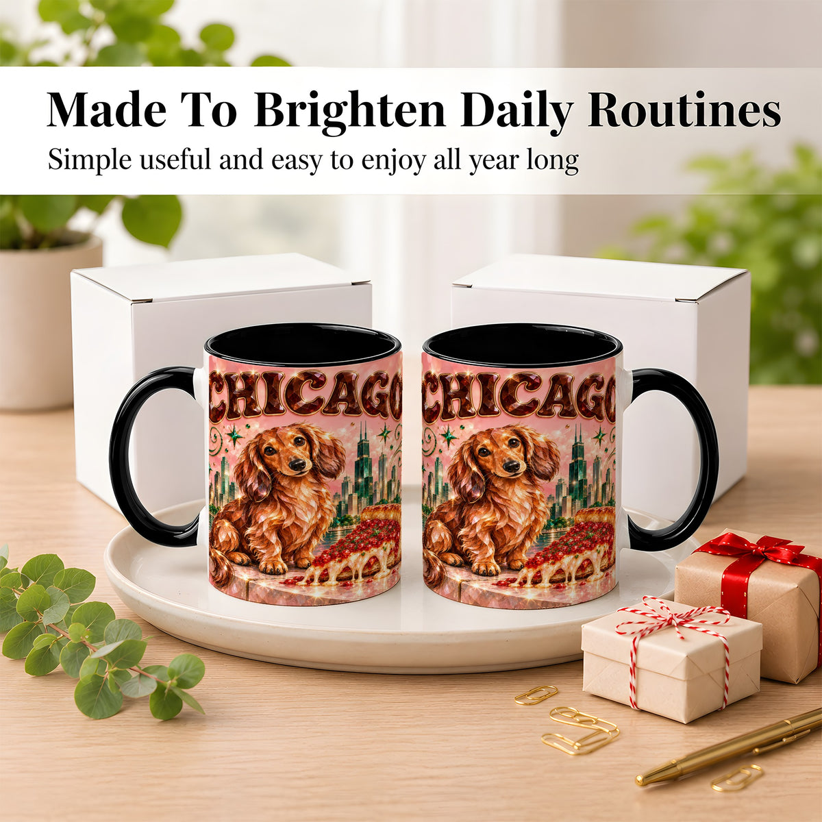 #pl[11oz|Black] Chicago Dachshund Pizza Coffee Mug, City Dog Mug, Ceramic Cup