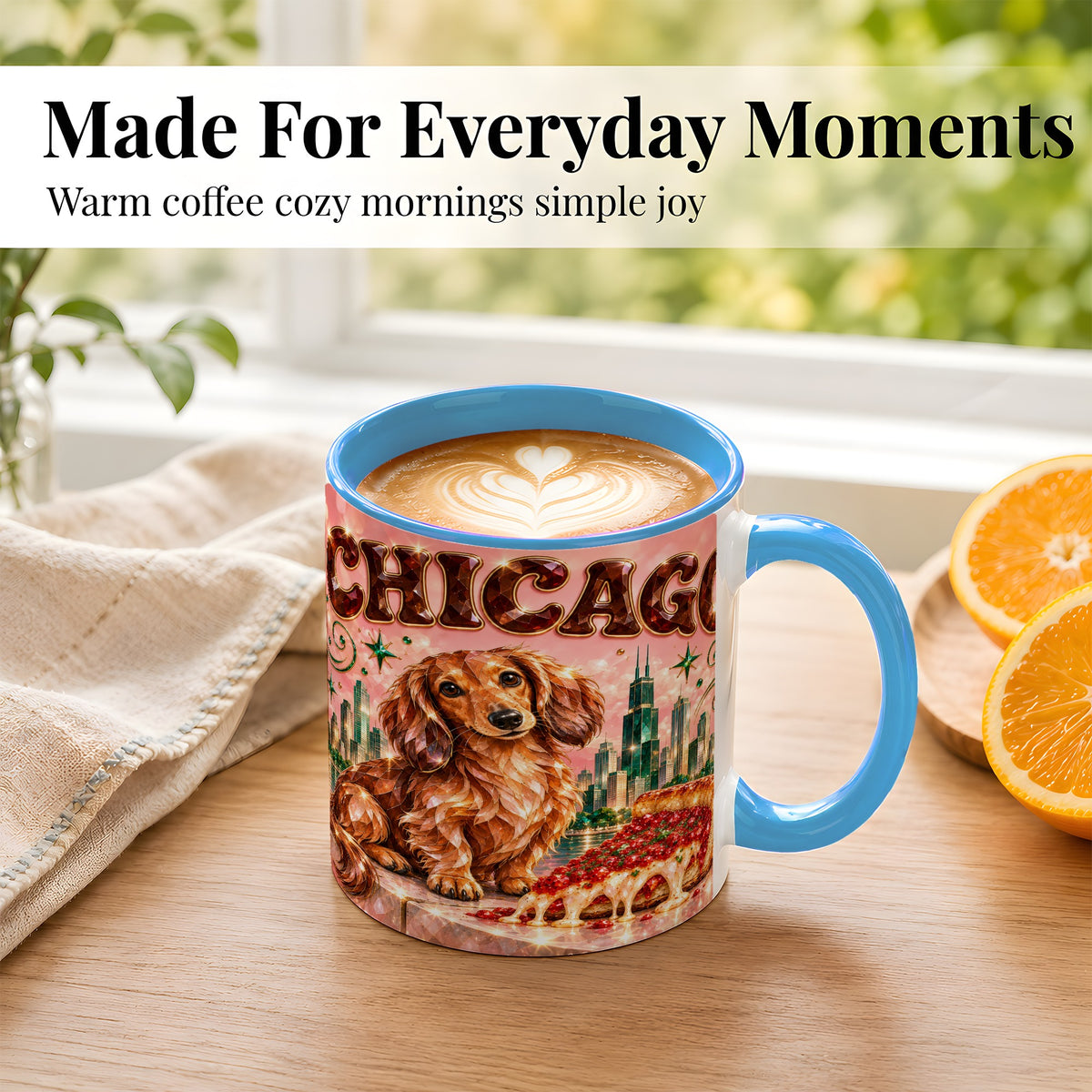 #pl[11oz|Blue] Chicago Dachshund Pizza Coffee Mug, City Dog Mug, Ceramic Cup