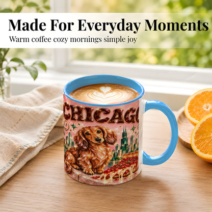 #pl[11oz|Blue] Chicago Dachshund Pizza Coffee Mug, City Dog Mug, Ceramic Cup