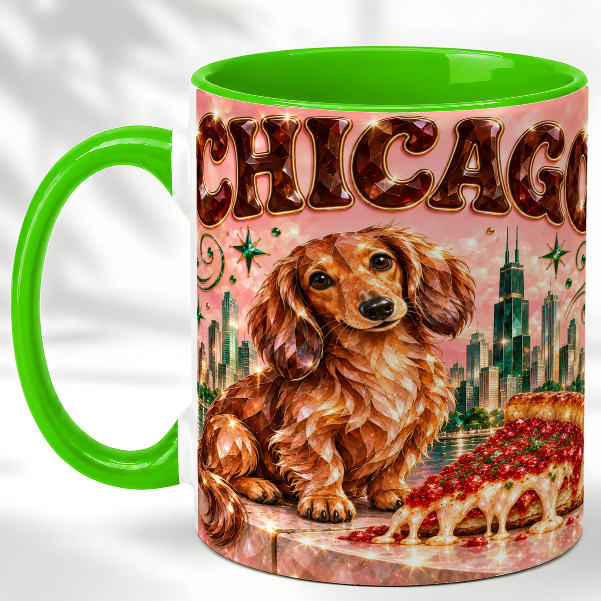 #pl[11oz|Green] Chicago Dachshund Pizza Coffee Mug, City Dog Mug, Ceramic Cup