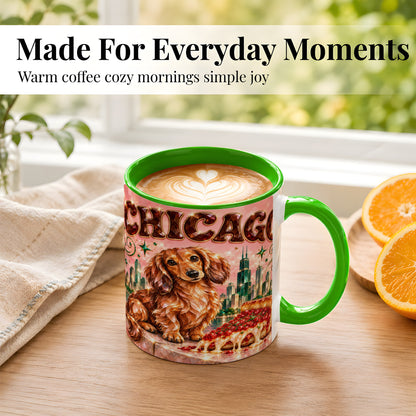 #pl[11oz|Green] Chicago Dachshund Pizza Coffee Mug, City Dog Mug, Ceramic Cup