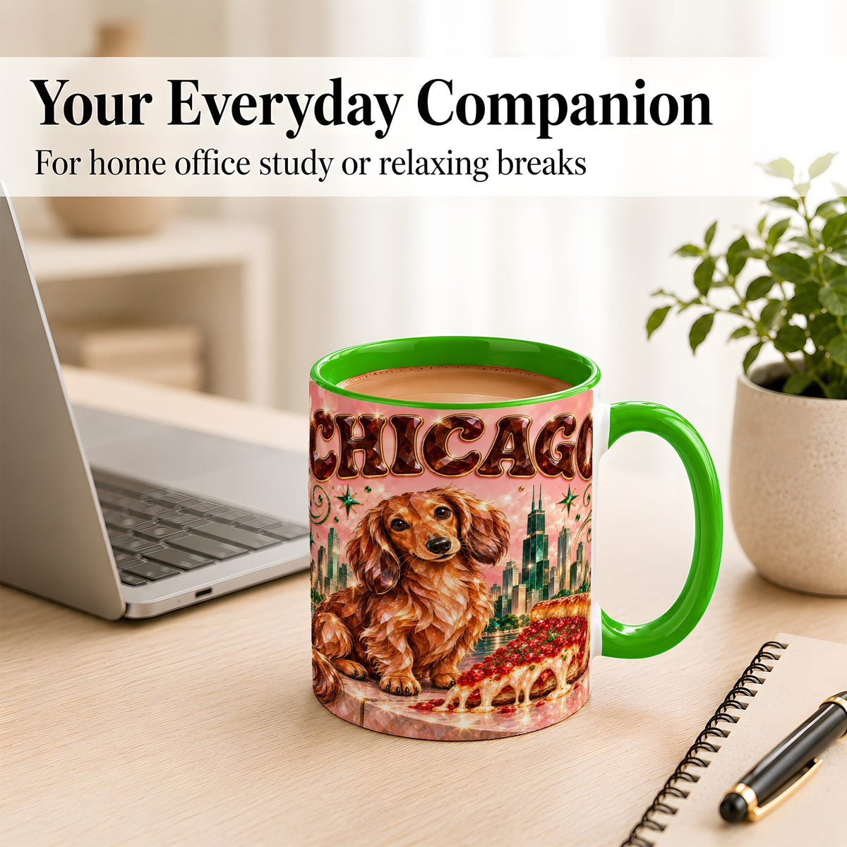 #pl[11oz|Green] Chicago Dachshund Pizza Coffee Mug, City Dog Mug, Ceramic Cup