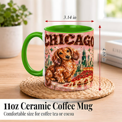 #pl[11oz|Green] Chicago Dachshund Pizza Coffee Mug, City Dog Mug, Ceramic Cup