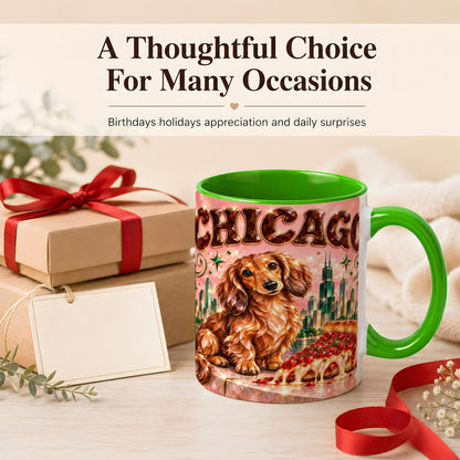 #pl[11oz|Green] Chicago Dachshund Pizza Coffee Mug, City Dog Mug, Ceramic Cup