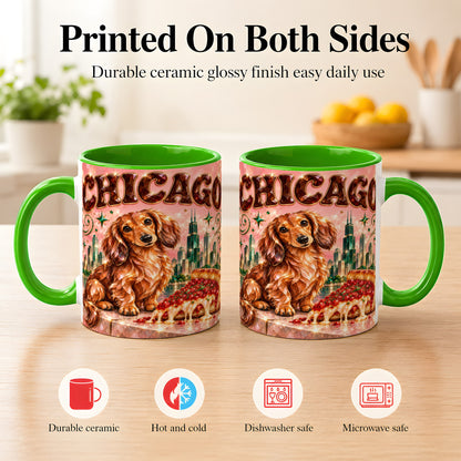 #pl[11oz|Green] Chicago Dachshund Pizza Coffee Mug, City Dog Mug, Ceramic Cup