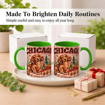 #pl[11oz|Green] Chicago Dachshund Pizza Coffee Mug, City Dog Mug, Ceramic Cup
