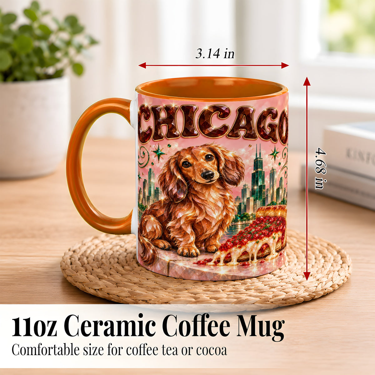 #pl[11oz|Orange] Chicago Dachshund Pizza Coffee Mug, City Dog Mug, Ceramic Cup