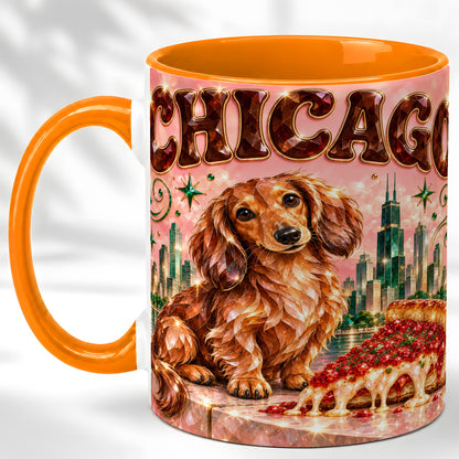 #pl[11oz|Orange] Chicago Dachshund Pizza Coffee Mug, City Dog Mug, Ceramic Cup