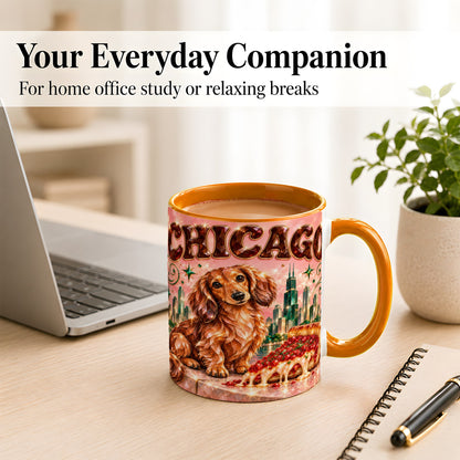 #pl[11oz|Orange] Chicago Dachshund Pizza Coffee Mug, City Dog Mug, Ceramic Cup