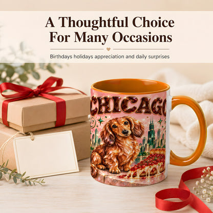 #pl[11oz|Orange] Chicago Dachshund Pizza Coffee Mug, City Dog Mug, Ceramic Cup