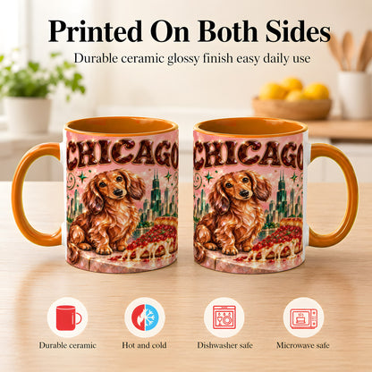 #pl[11oz|Orange] Chicago Dachshund Pizza Coffee Mug, City Dog Mug, Ceramic Cup