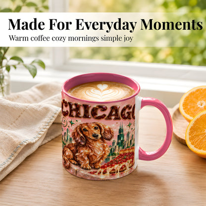 #pl[11oz|Pink] Chicago Dachshund Pizza Coffee Mug, City Dog Mug, Ceramic Cup