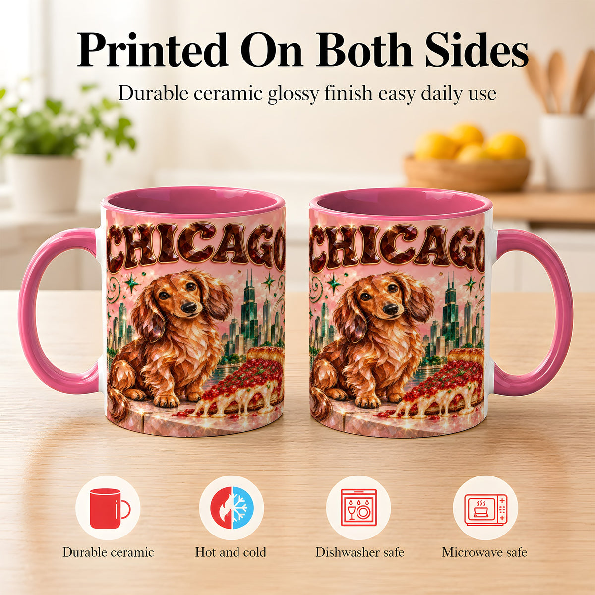 #pl[11oz|Pink] Chicago Dachshund Pizza Coffee Mug, City Dog Mug, Ceramic Cup