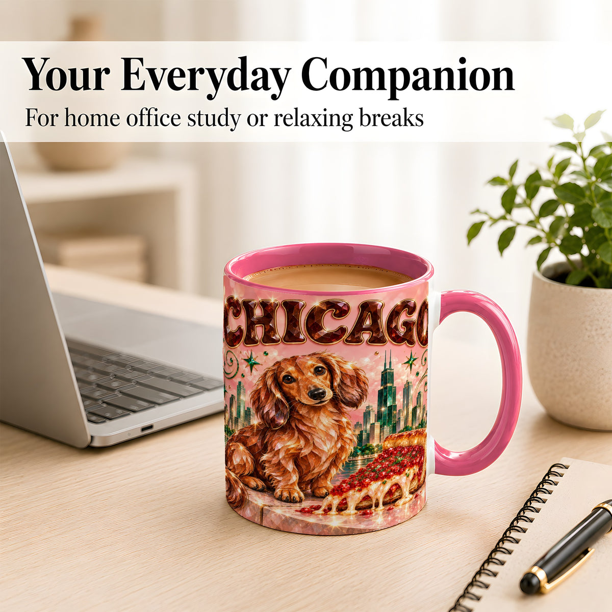 #pl[11oz|Pink] Chicago Dachshund Pizza Coffee Mug, City Dog Mug, Ceramic Cup