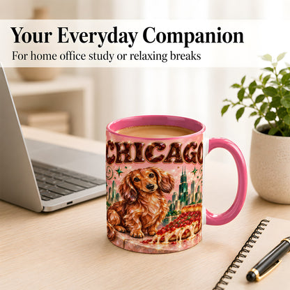 #pl[11oz|Pink] Chicago Dachshund Pizza Coffee Mug, City Dog Mug, Ceramic Cup