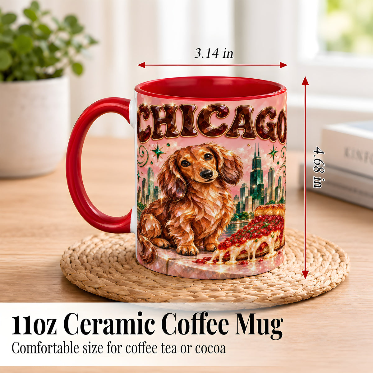 #pl[11oz|Red] Chicago Dachshund Pizza Coffee Mug, City Dog Mug, Ceramic Cup