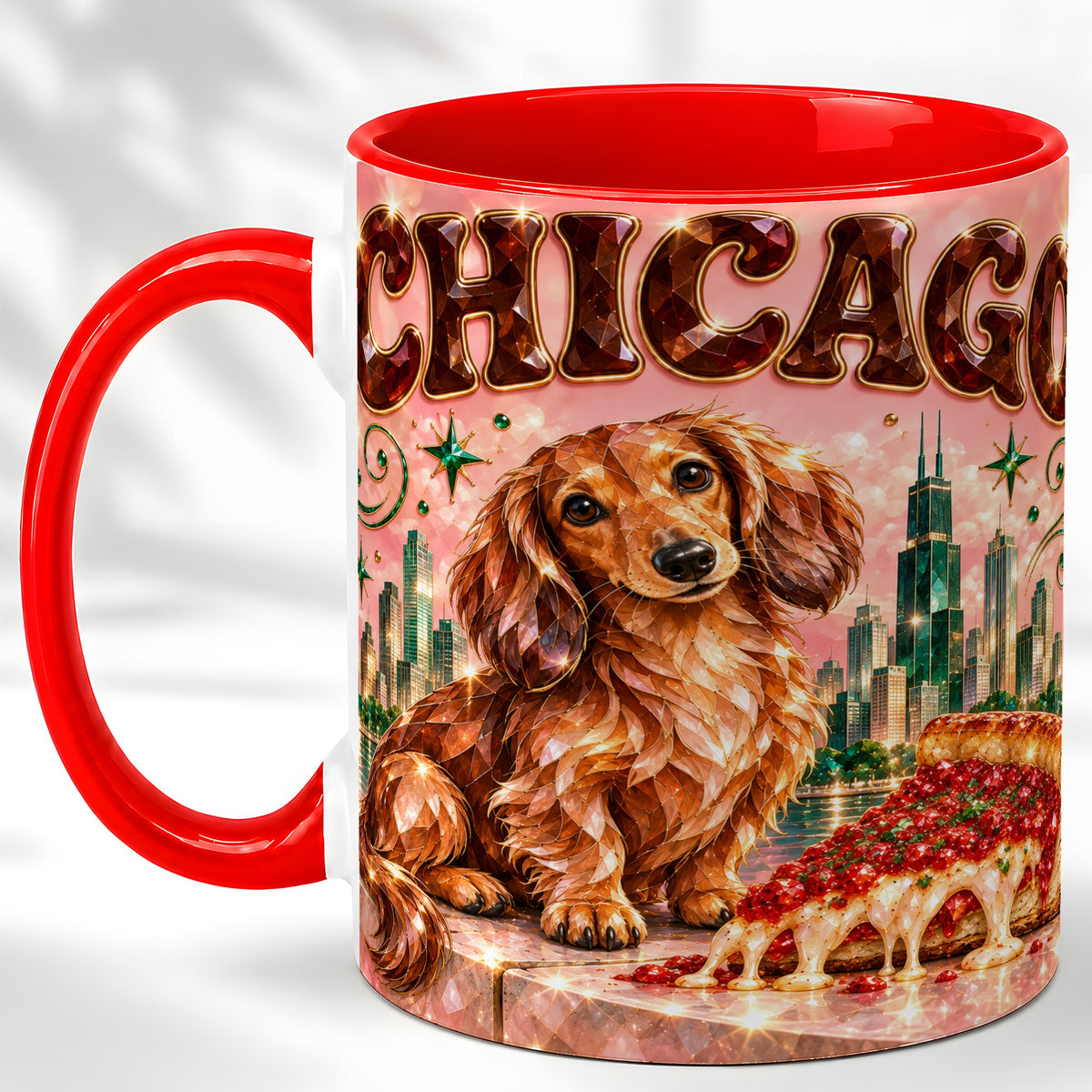 Chicago Dachshund Pizza Coffee Mug, City Dog Mug, Ceramic Cup