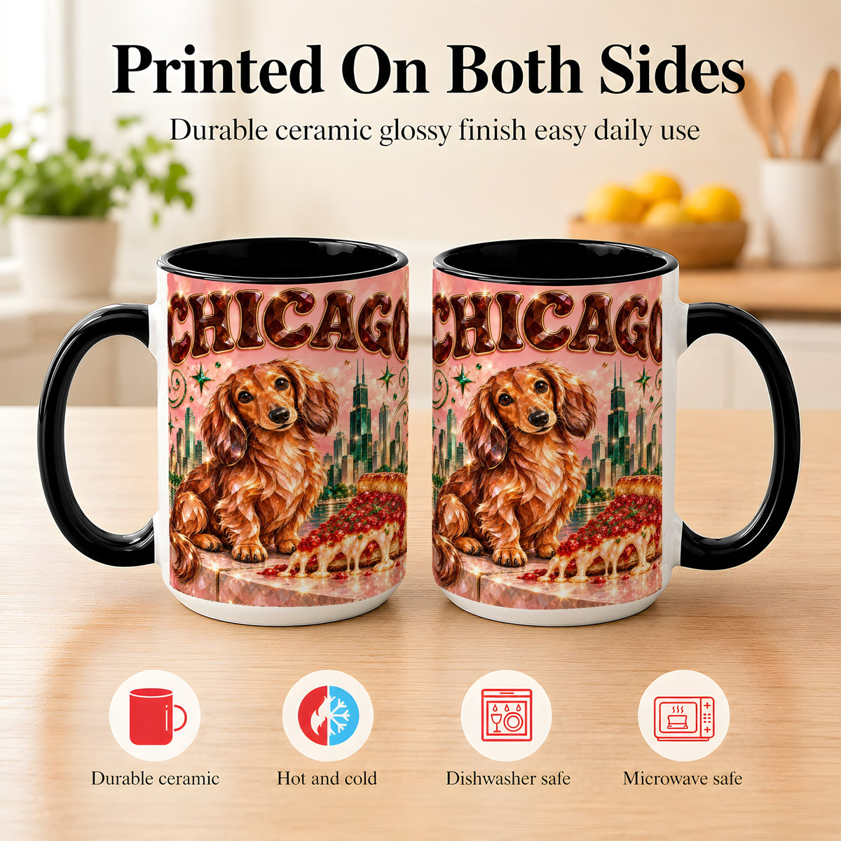 #pl[15oz|Black] Chicago Dachshund Pizza Coffee Mug, City Dog Mug, Ceramic Cup