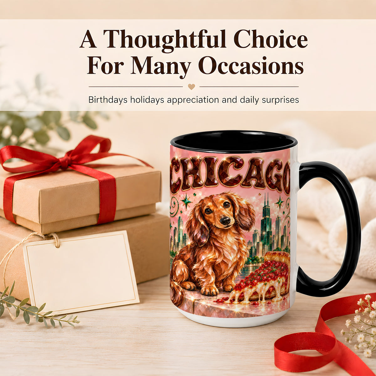 #pl[15oz|Black] Chicago Dachshund Pizza Coffee Mug, City Dog Mug, Ceramic Cup