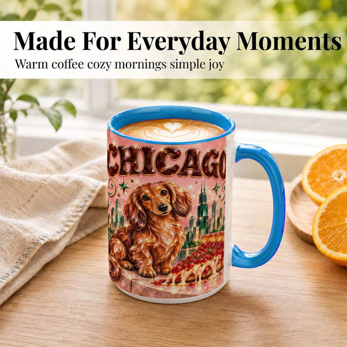 #pl[15oz|Blue] Chicago Dachshund Pizza Coffee Mug, City Dog Mug, Ceramic Cup