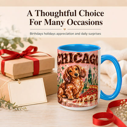 #pl[15oz|Blue] Chicago Dachshund Pizza Coffee Mug, City Dog Mug, Ceramic Cup