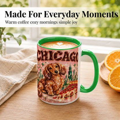 #pl[15oz|Green] Chicago Dachshund Pizza Coffee Mug, City Dog Mug, Ceramic Cup