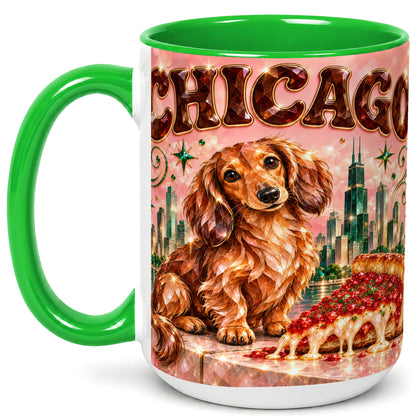 #pl[15oz|Green] Chicago Dachshund Pizza Coffee Mug, City Dog Mug, Ceramic Cup