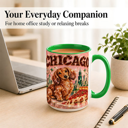 #pl[15oz|Green] Chicago Dachshund Pizza Coffee Mug, City Dog Mug, Ceramic Cup