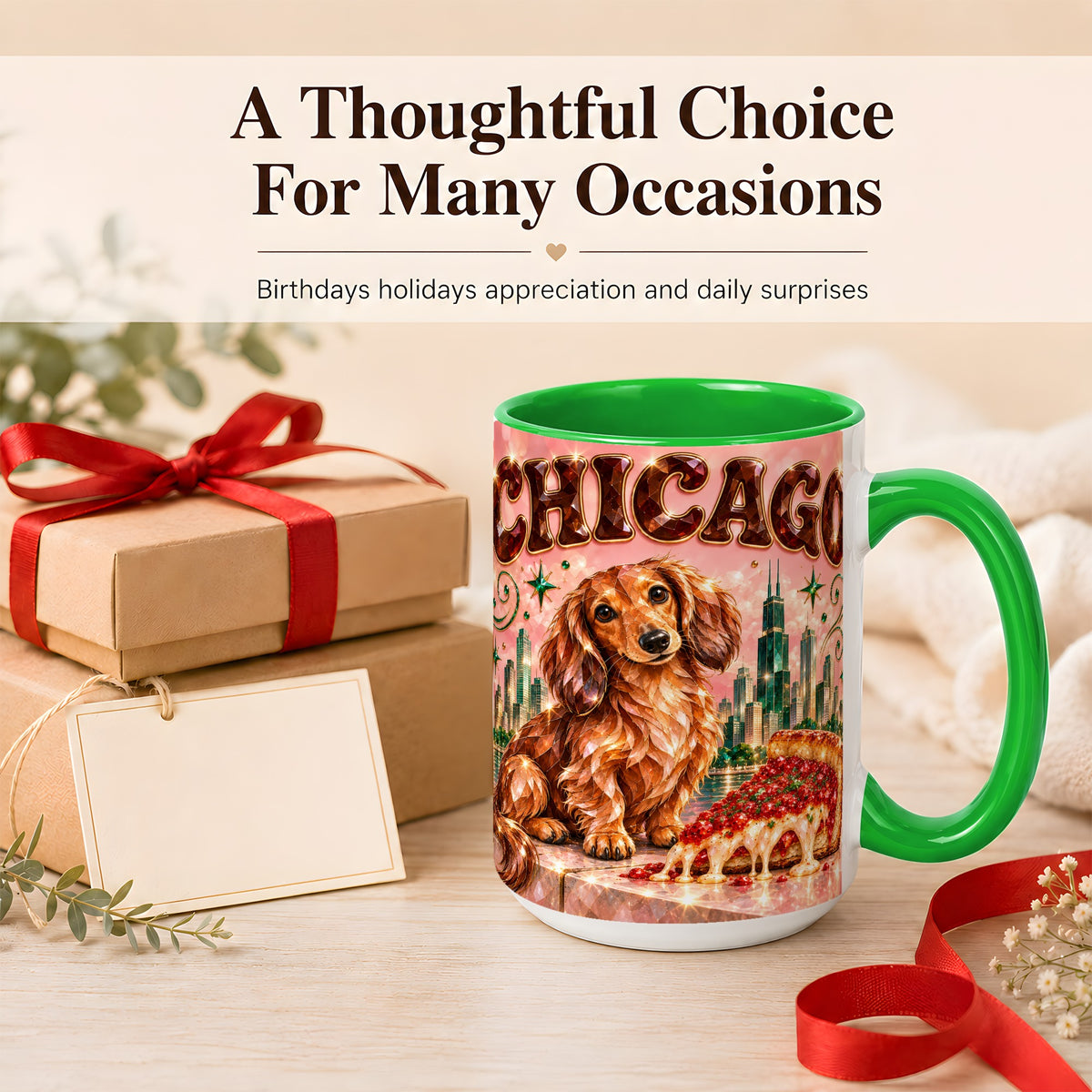 #pl[15oz|Green] Chicago Dachshund Pizza Coffee Mug, City Dog Mug, Ceramic Cup