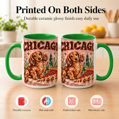 #pl[15oz|Green] Chicago Dachshund Pizza Coffee Mug, City Dog Mug, Ceramic Cup