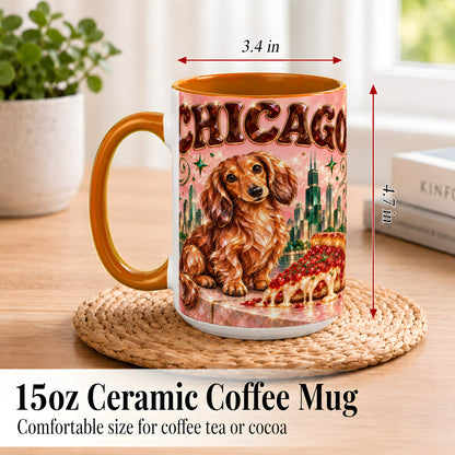 #pl[15oz|Orange] Chicago Dachshund Pizza Coffee Mug, City Dog Mug, Ceramic Cup