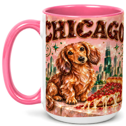 #pl[15oz|Pink] Chicago Dachshund Pizza Coffee Mug, City Dog Mug, Ceramic Cup