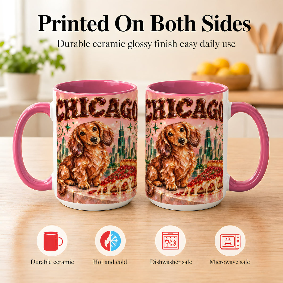 #pl[15oz|Pink] Chicago Dachshund Pizza Coffee Mug, City Dog Mug, Ceramic Cup